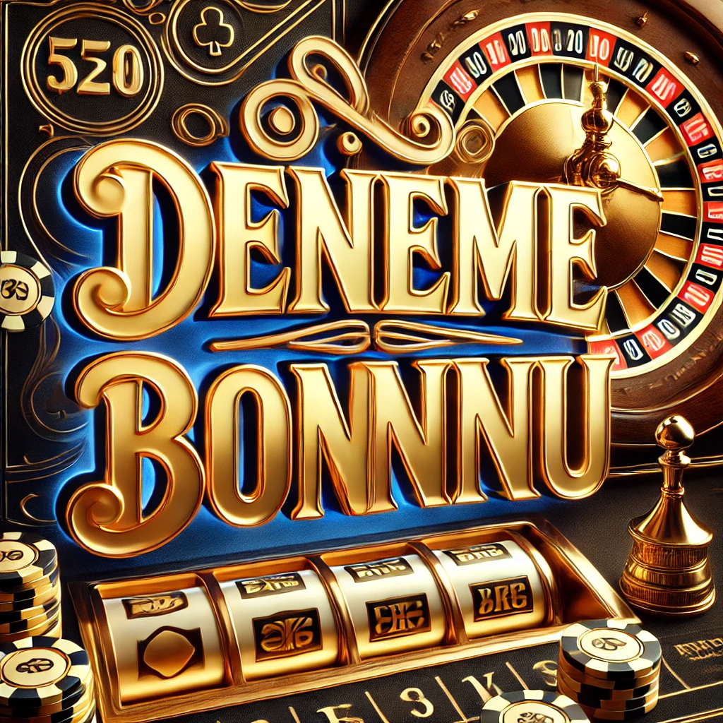 Deneme Bonusu" yazılı, lüks bir casino ortamında rulet çarkı, poker fişleri ve jackpot kazanan bir slot makinesi.