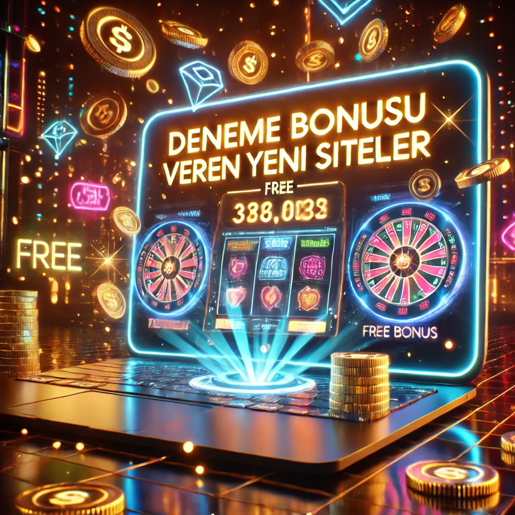 Yüksek teknolojiye sahip bahis sitesi, 'Deneme Bonusu Veren Yeni Siteler' yazılı LED ekran, laptop ve jackpot simgeleri.