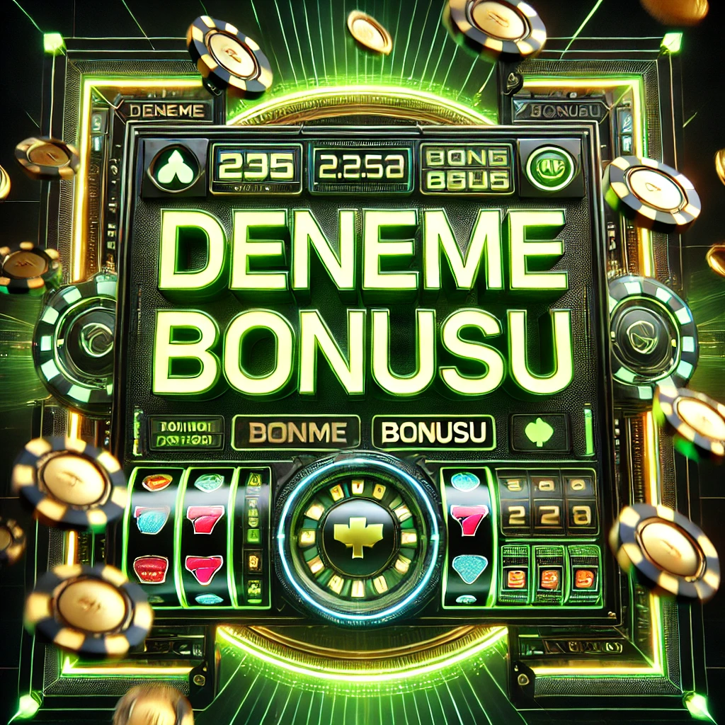 Deneme Bonusu" yazılı, neon yeşil ve siyah tonlarında tasarlanmış, dijital poker fişleri, kazanç gösteren slot makinesi ve uçan altın paralar içeren modern bir tasarım.