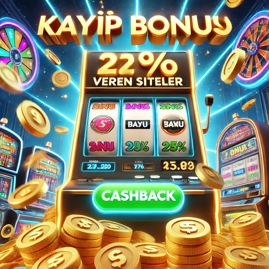 Yüksek enerjili casino temalı kayıp bonusu veren siteler görseli, dönen slot makinesi ve altın paralar içeriyor