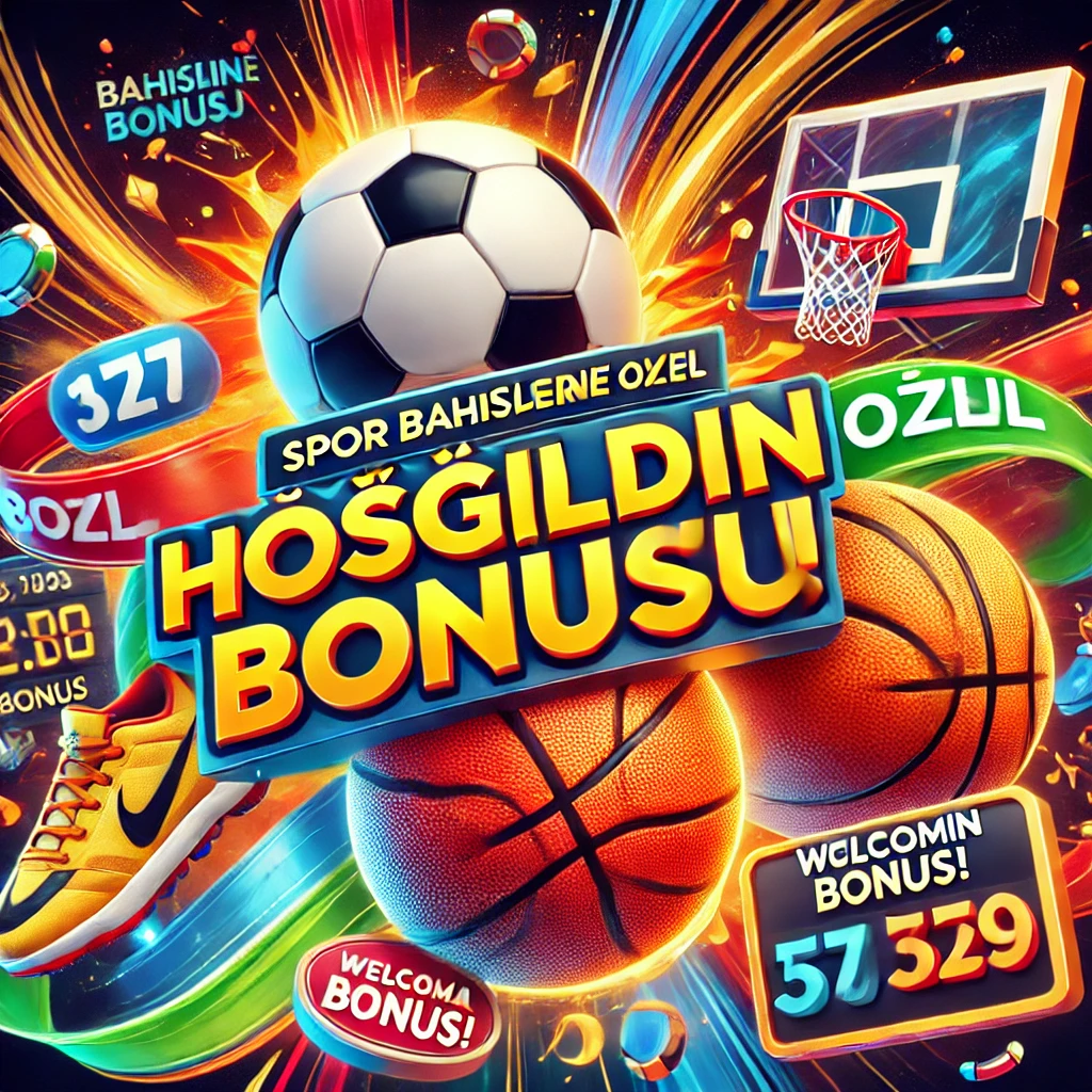 Futbol topu, basketbol ve bahis oranları ekranı ile spor bahisleri için Hoşgeldin Bonusu reklamı