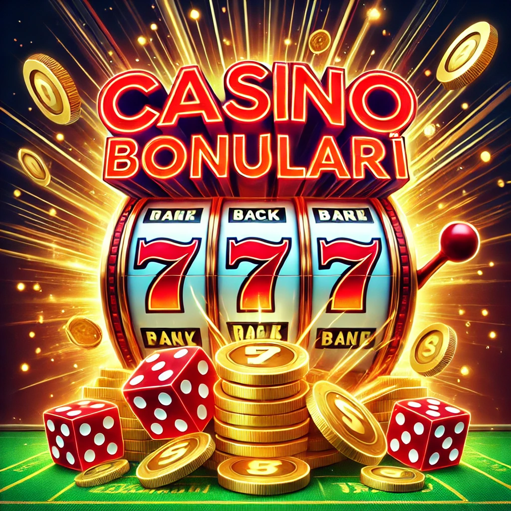 Kırmızı ışıklarla parlayan “Casino Bonusları” metni, üç yedili gösteren dönen slot makinesi, patlayan altın paralar ve yeşil casino masasında yuvarlanan zarlar içeren hareketli bir casino sahnesi.